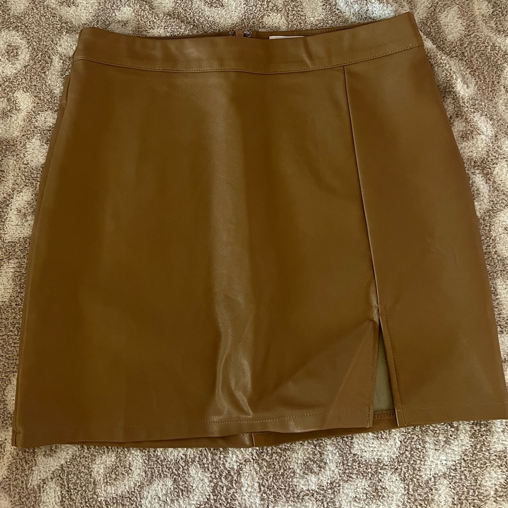 Tan Mini Faux Leather Slit Skirt